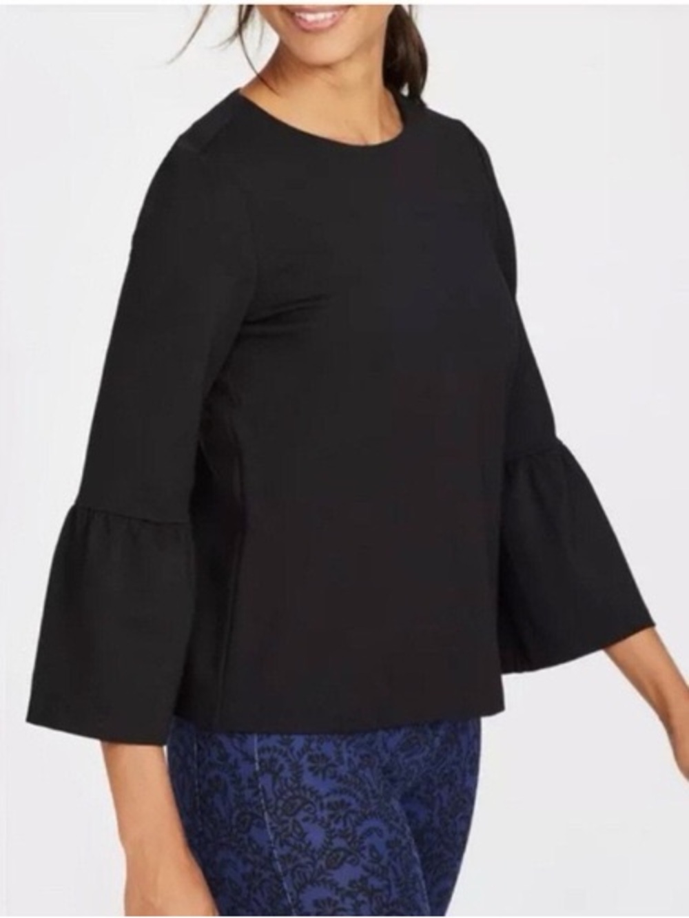 J McLaughlin Faux Suede Women's Black Bell-Sleeve Blouse